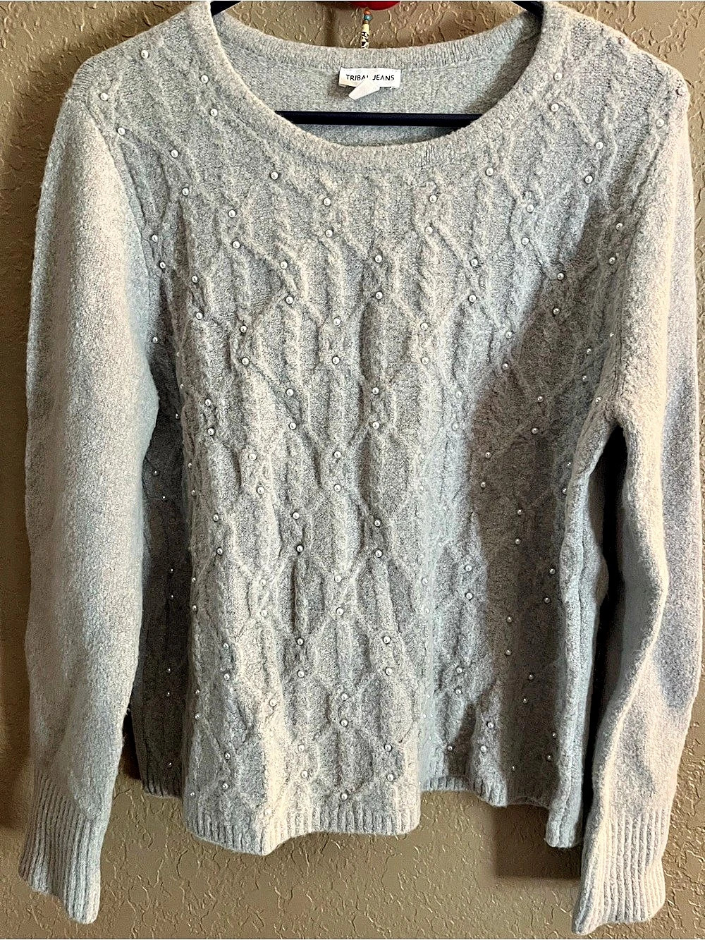 Tribal Jeans pearl Cable Knit Sweater Gray Large